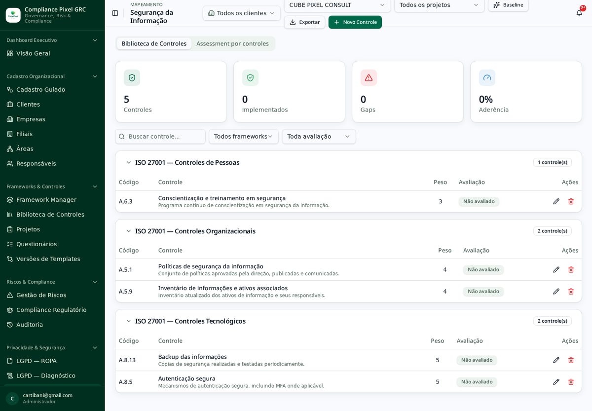Tela do módulo Segurança da Informação (ISO 27001/27701, CIS, NIST) no Compliance Pixel