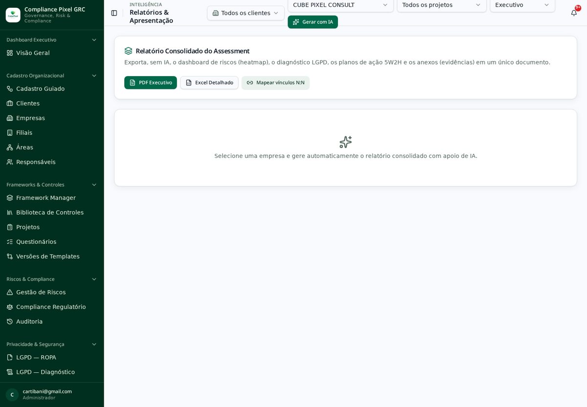 Tela do módulo Relatórios & Apresentação no Compliance Pixel
